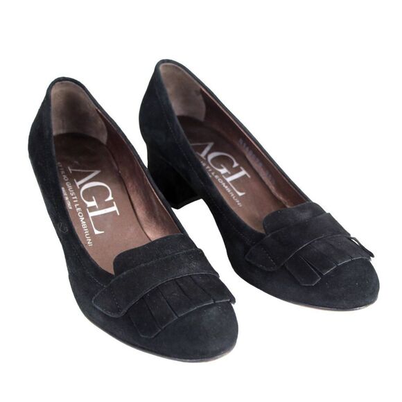 AGL Italy BLACK GENUINE LEATHER SUEDE MID HEEL ROUND TOE PUMP WOMEN'S SHOES 36.5 - Picture 1 of 12